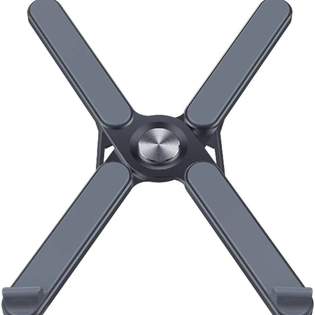 Foldable aluminium alloy laptop stand in silver or black, folded size 280mm x 23.5mm x 46.5mm