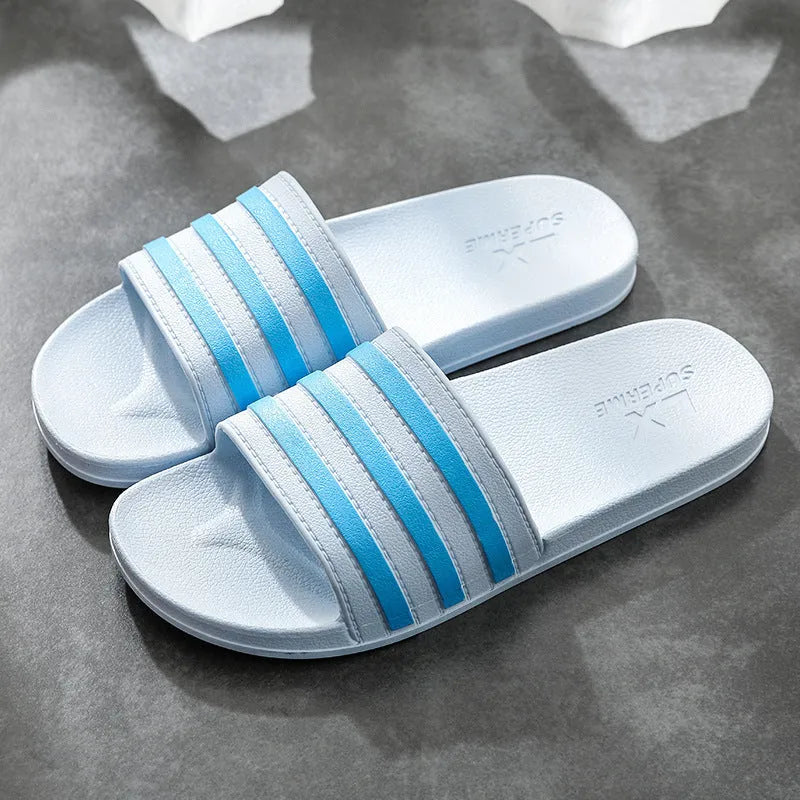 White stripes PVC bathroom slippers for women and men with three-bar design and injection moulded sole