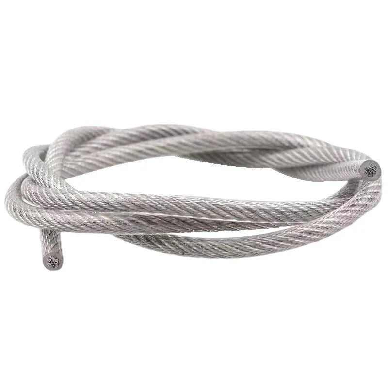 Coil of 304 stainless steel multi-strand wire rope on a white background.