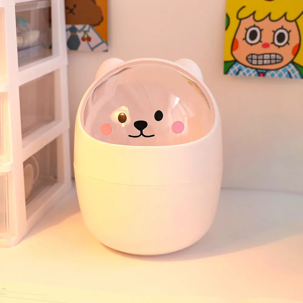 Plastic mini bear shaped desktop trash can with press-type lid in beige gray, includes stickers and garbage bags