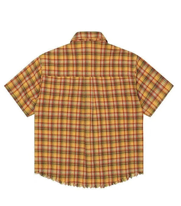 Yellow grid plaid shirt with American embroidery pocket detail on chest, short sleeves, loose fit