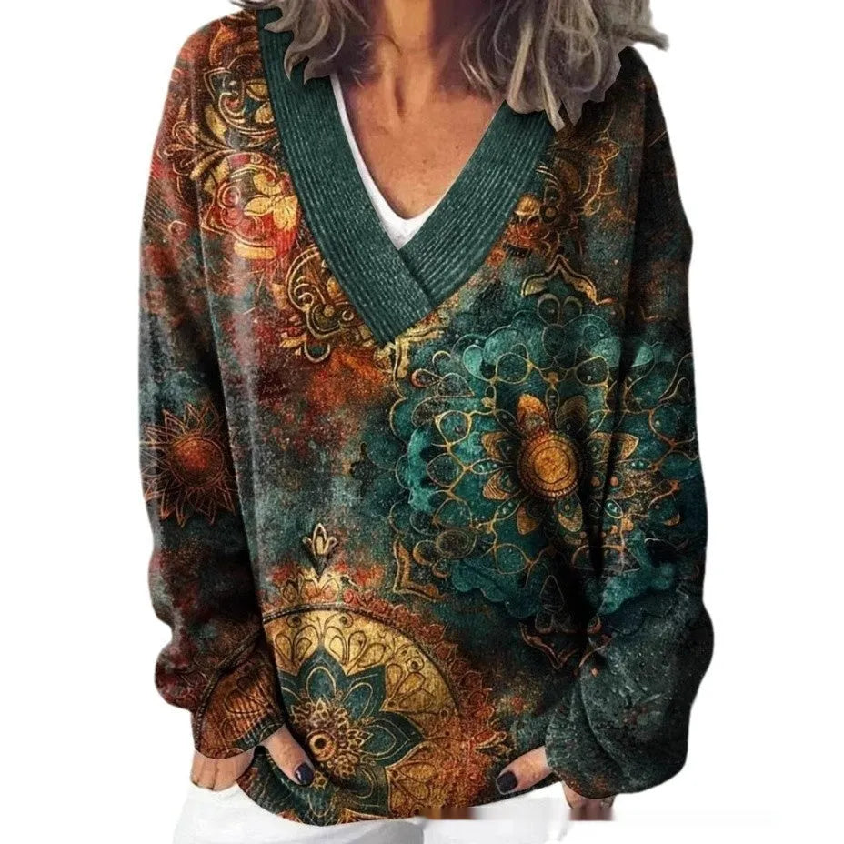 Women's V-neck sweatshirt with 3D floral pattern print in polyester fabric