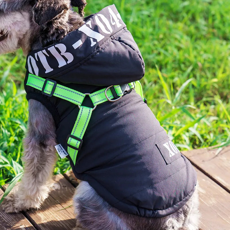 Red fleece-lined waterproof winter jacket for a dog on a grey background, showing hood and casual fit.