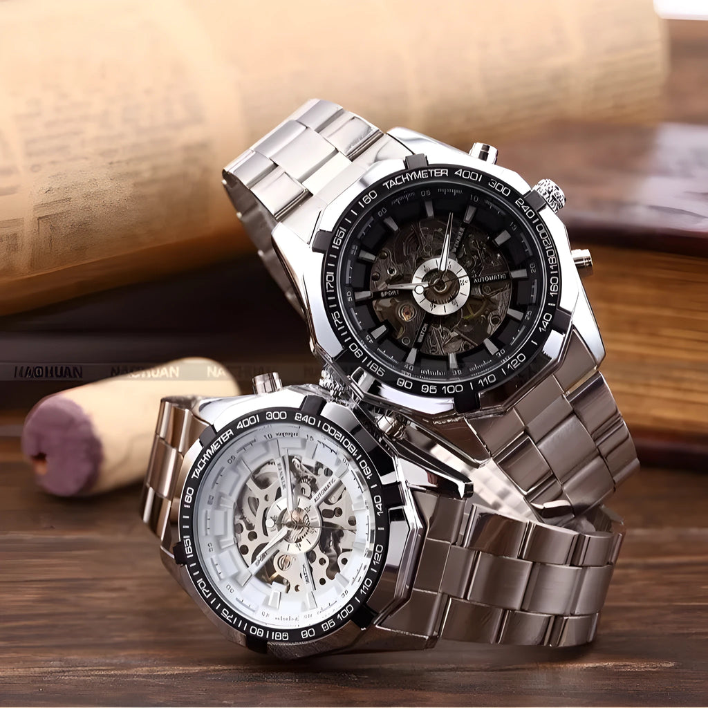 Top brand luxury wristwatch with hollow black dial, 42mm stainless steel case, and brown leather strap on wrist