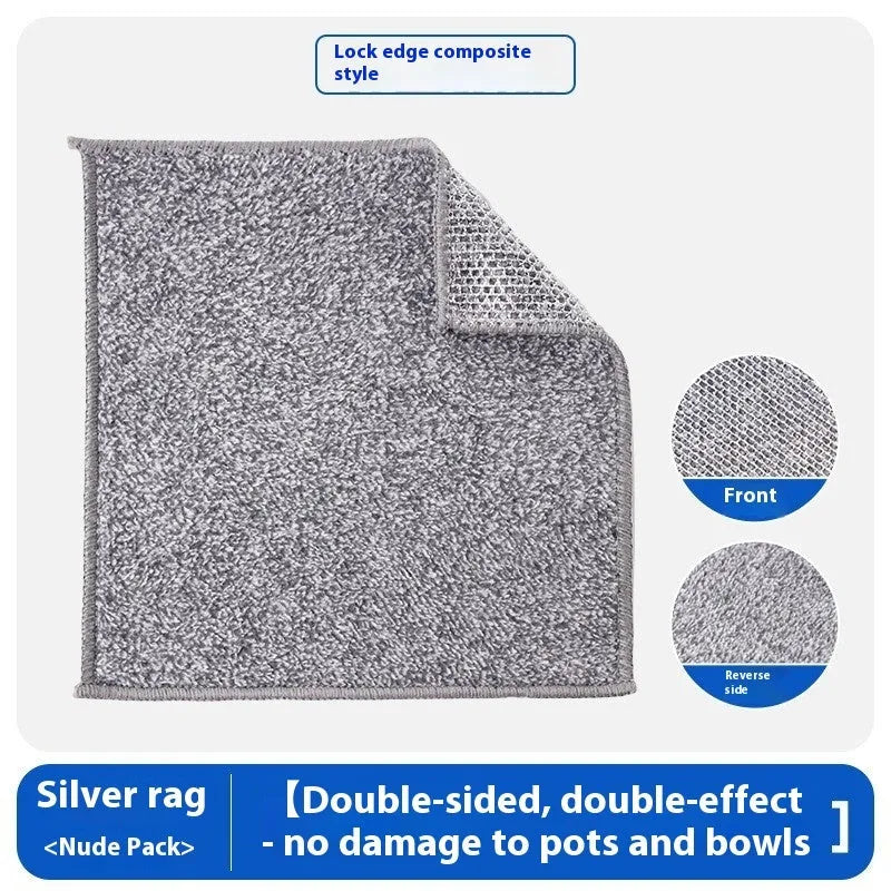 Silver microfiber cleaning rag with a built-in steel wire scrubber ball on a kitchen counter.