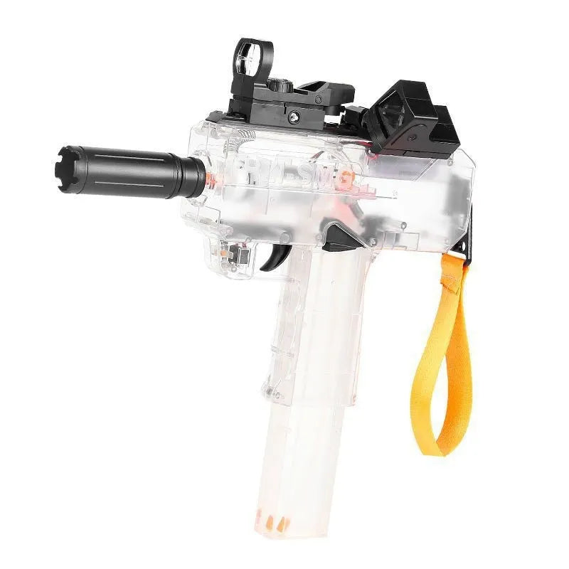 Uzi electric burst water gun toy with transparent design showing internal components