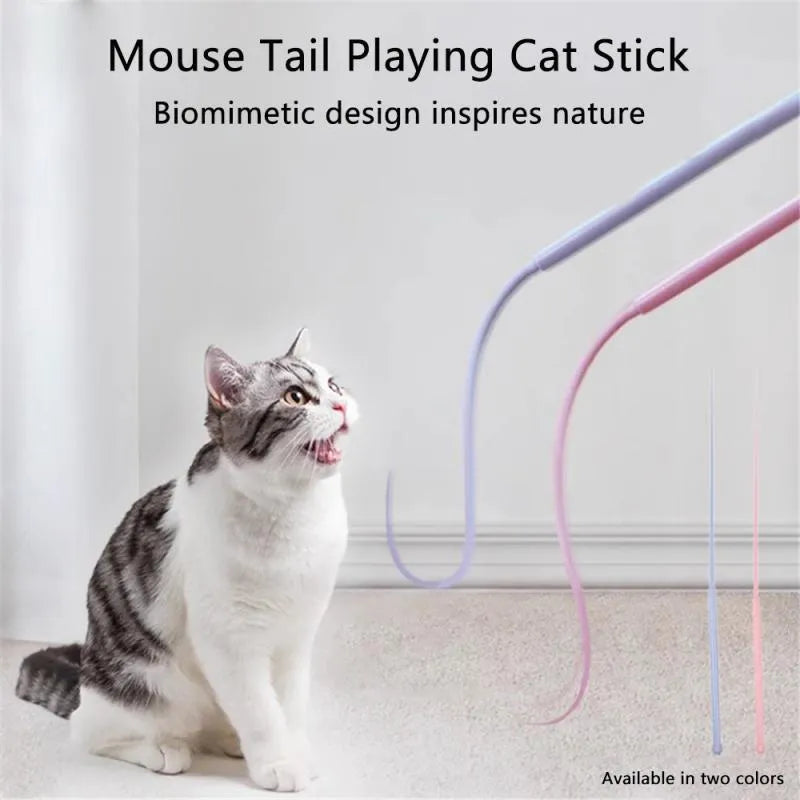 Blue cat teaser wand with silicone mouse tail measuring 80cm length with cat head handle design
