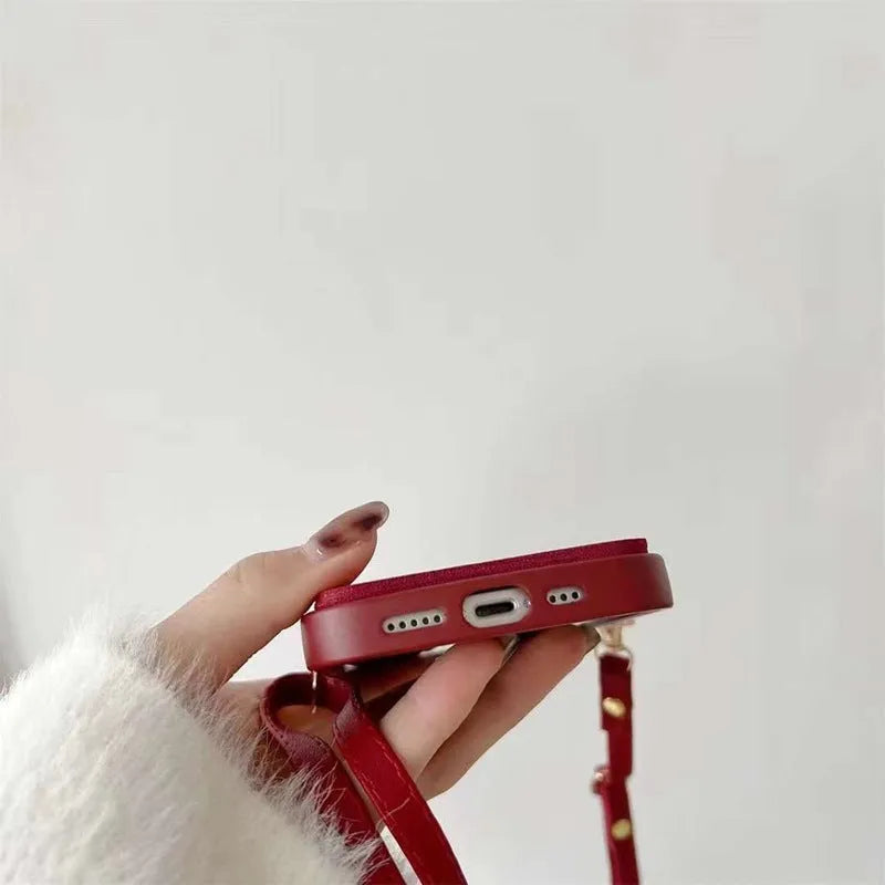 Red diamond plaid TPU crossbody card holder phone case with lanyard for iPhone models