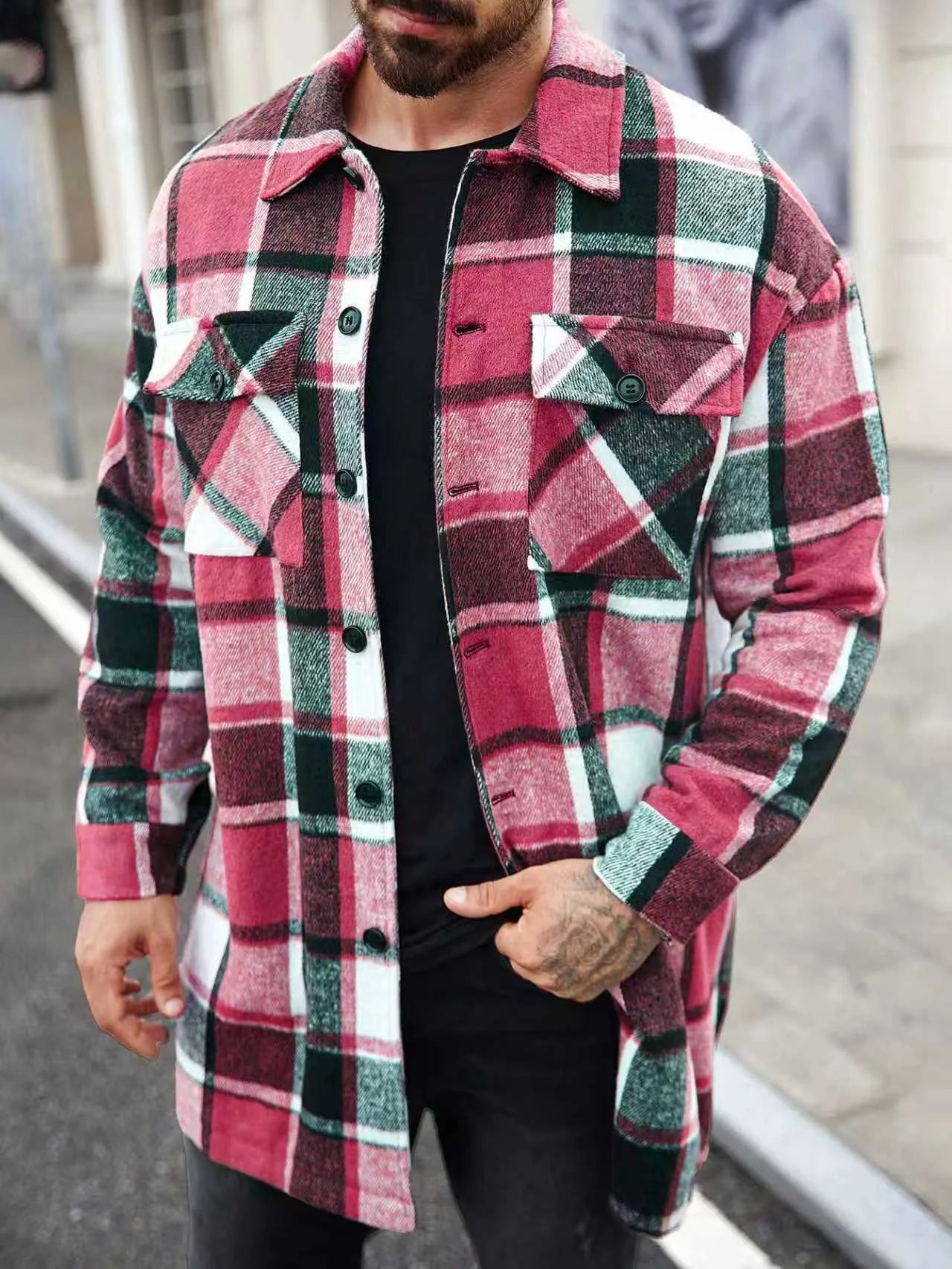 Men's long casual button shirt jacket grid pattern slim fit with double 3D patch pockets in five colours S-XXL