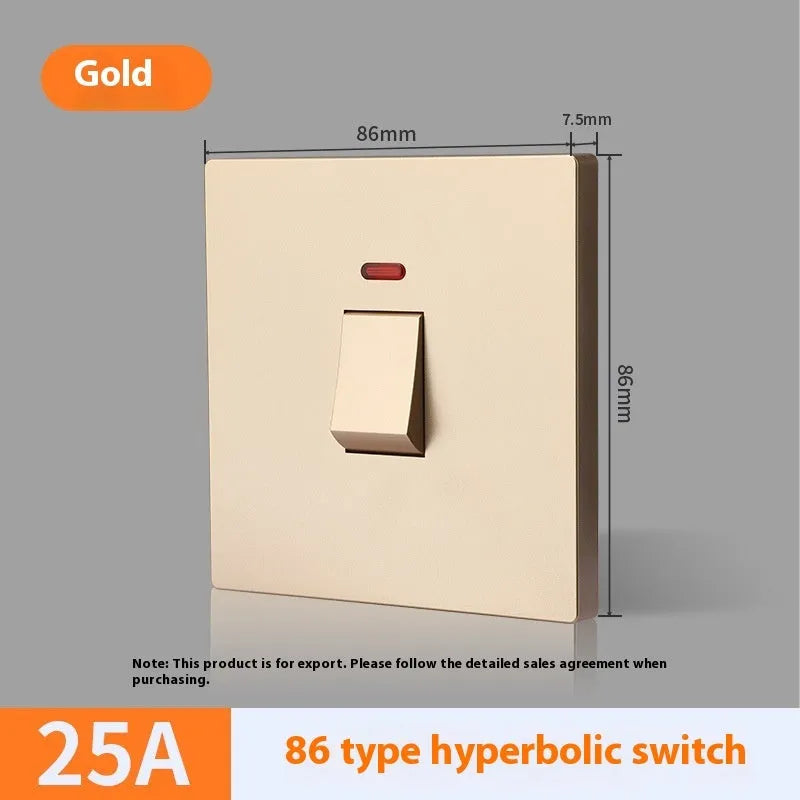 Gold, grey, or white coloured industrial switch with light panel for 25A or 45A high-current circuits.