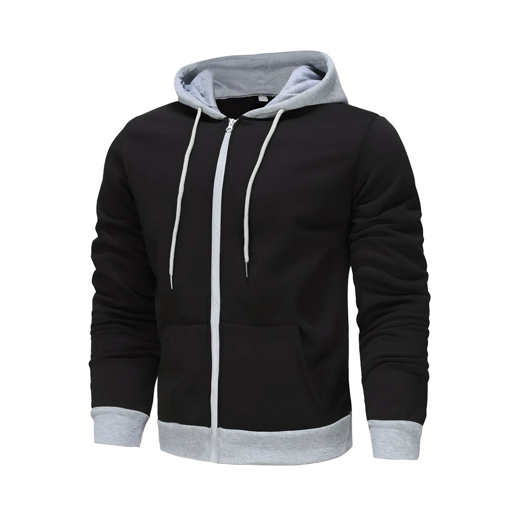 Men's black hooded zip cardigan with patch pockets in hip hop style
