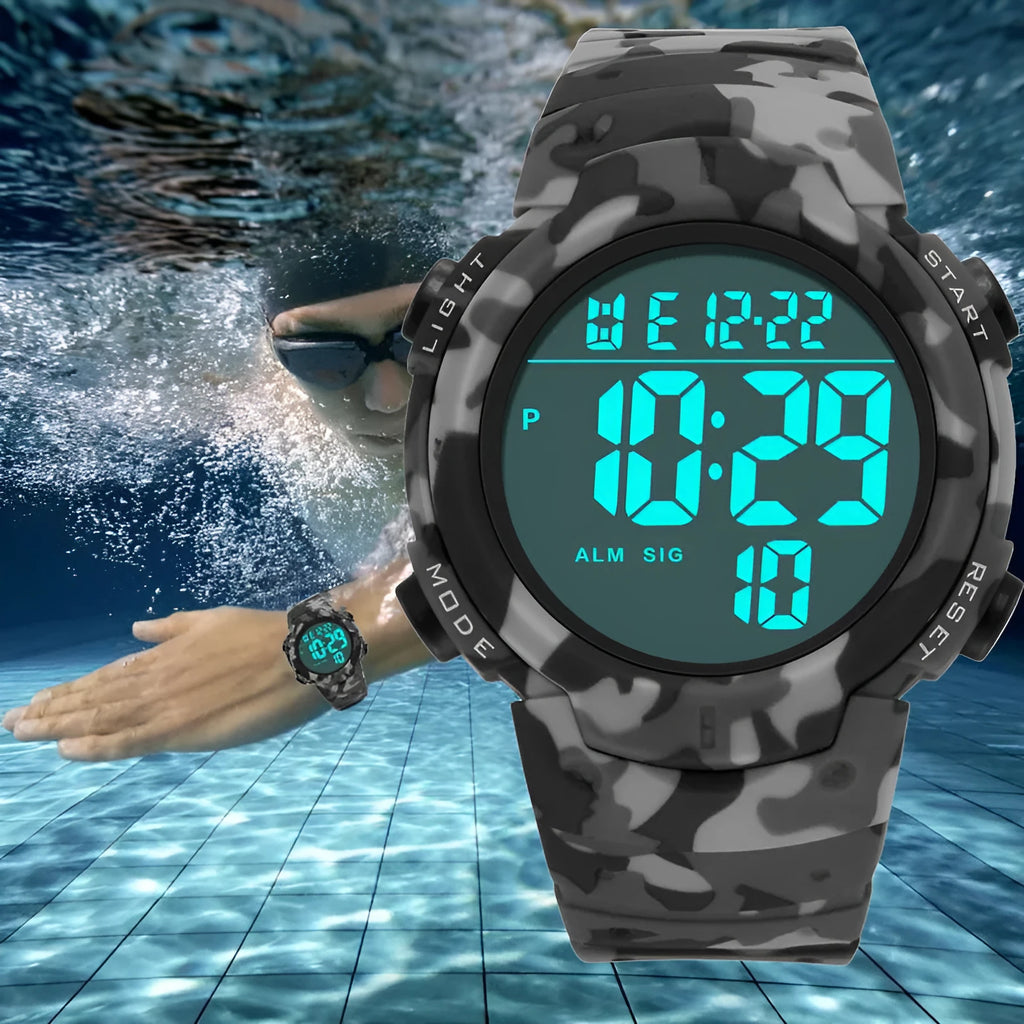 Multi-functional waterproof sports electronic watch with plastic band and stainless steel buckle on wrist
