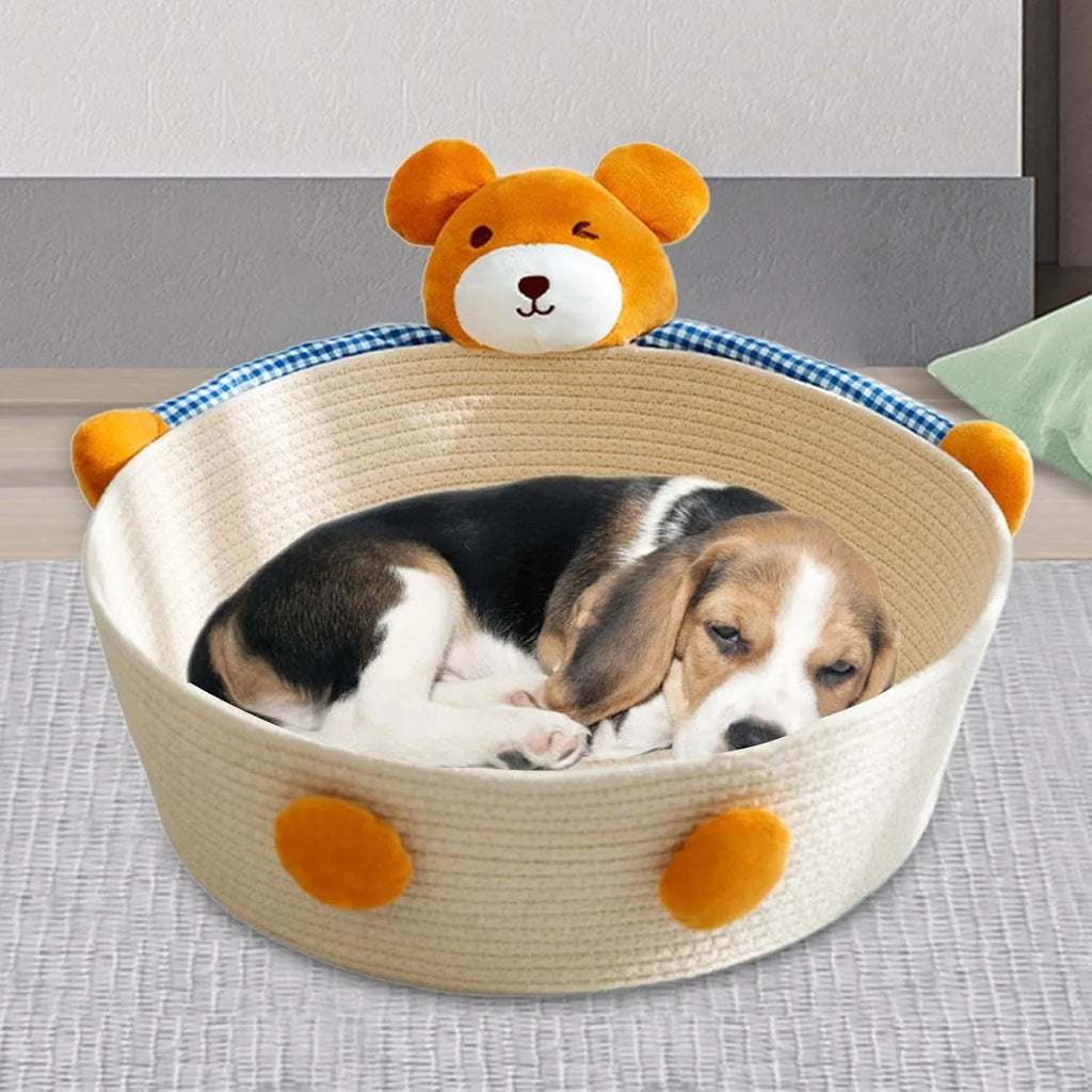Woven cotton rope cat bed basket with integrated scratch pad, shown in three sizes.