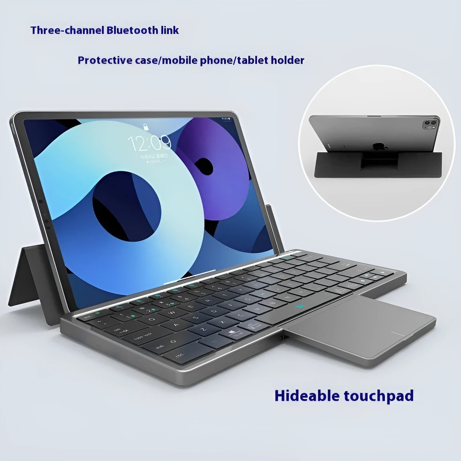 Three-in-one wireless Bluetooth keyboard with touch pad, leather sheath, and adjustable stand for tablets and mobile phones