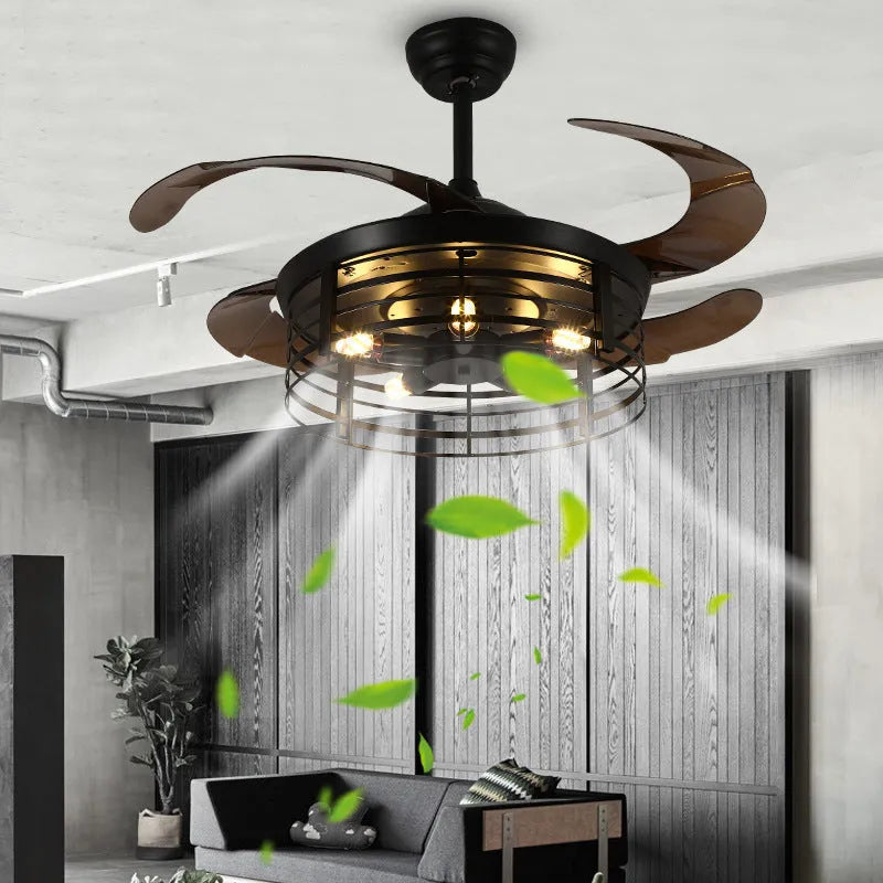 Industrial Wind American retro style ceiling fan lamp with acrylic blades and integrated light shade, remote control on side.