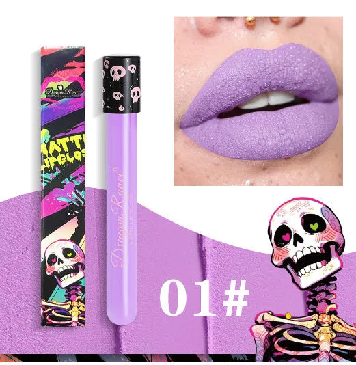 Halloween skull test tube containing matte gold or silver lip gloss for creative makeup.