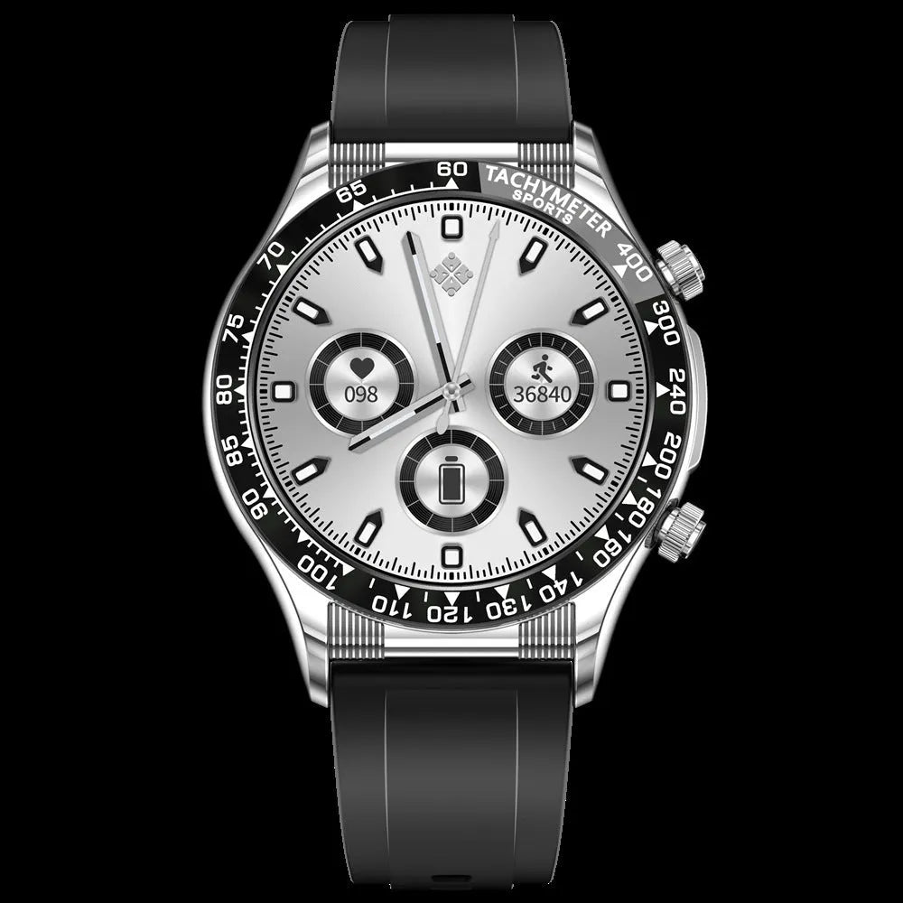 Men's business smart watch with 1.32-inch IPS screen, zinc alloy case, and silicone strap showing health monitoring interface