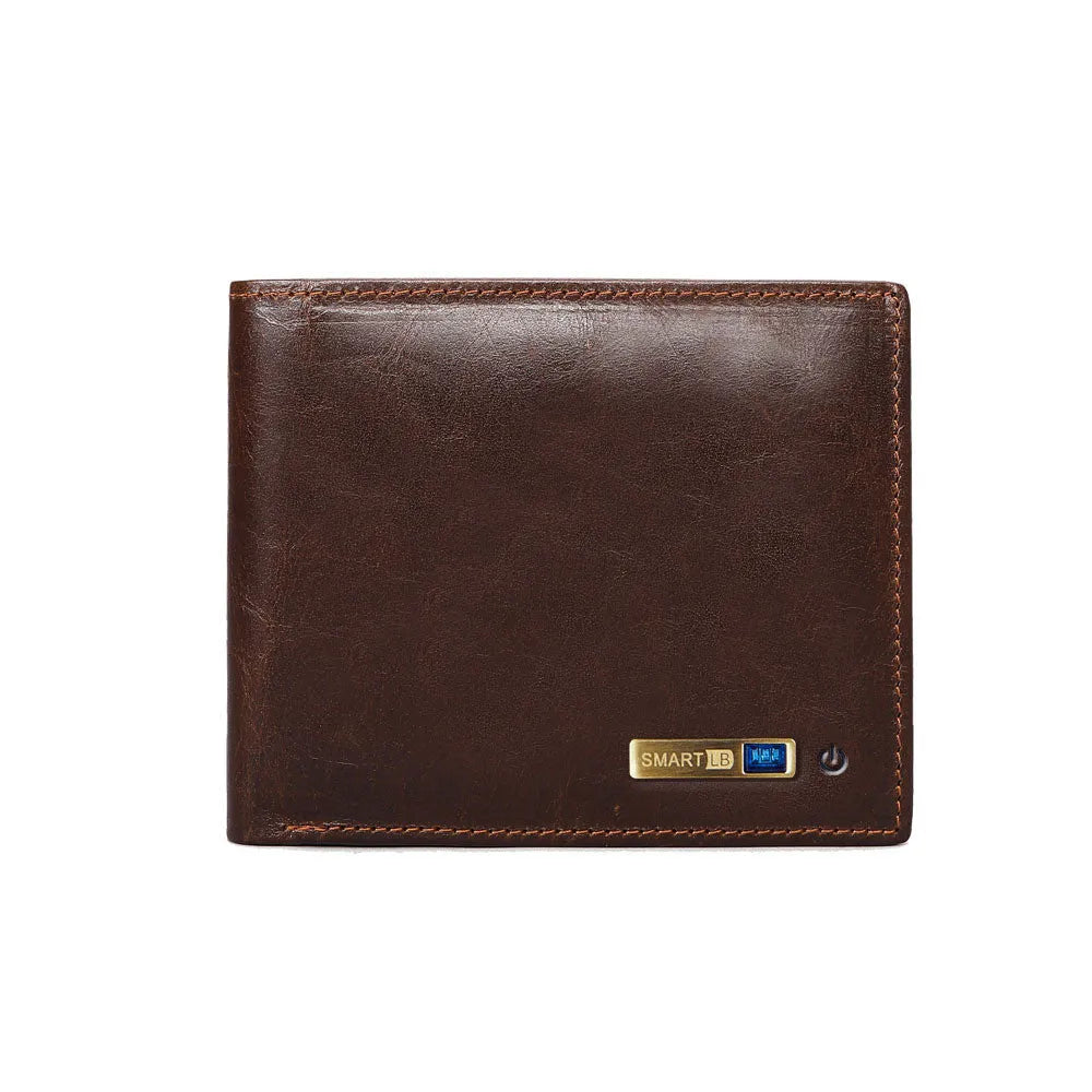 Men's smart leather wallet in brown with multiple card slots and built-in Bluetooth tracker