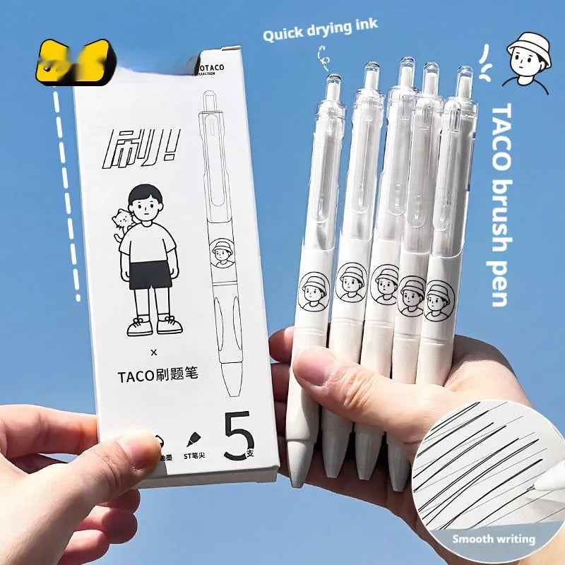 Five neutral black ballpoint pens with white brush finish and 0.5mm tips