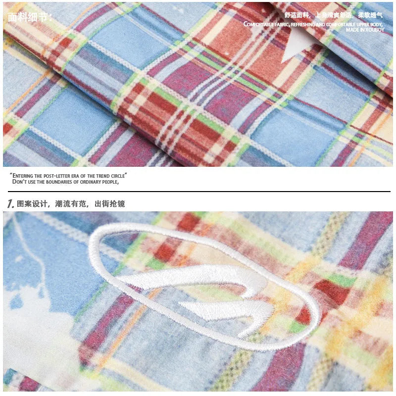 Men's blue retro plaid casual trousers with straight leg design on hanger