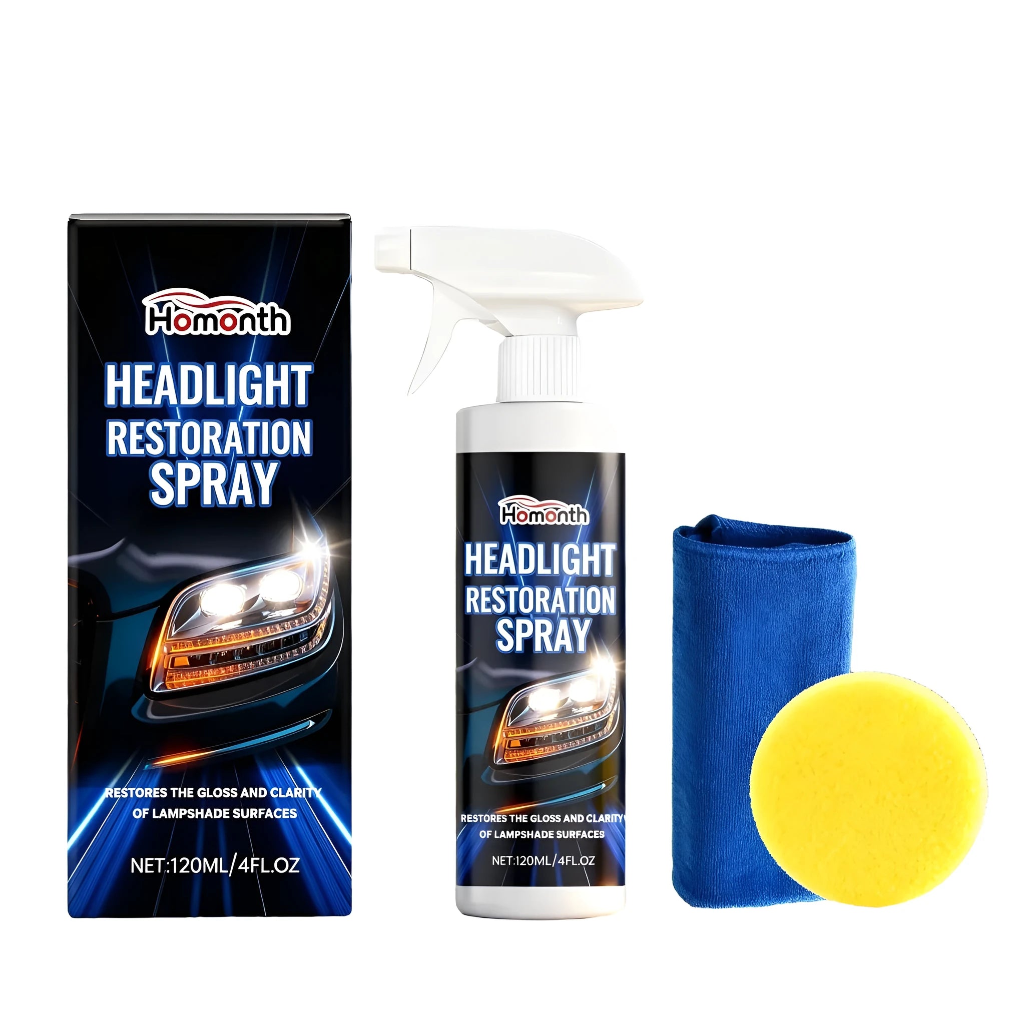 120ml bottle of HOMONTH headlight restoration spray with sponge and towel