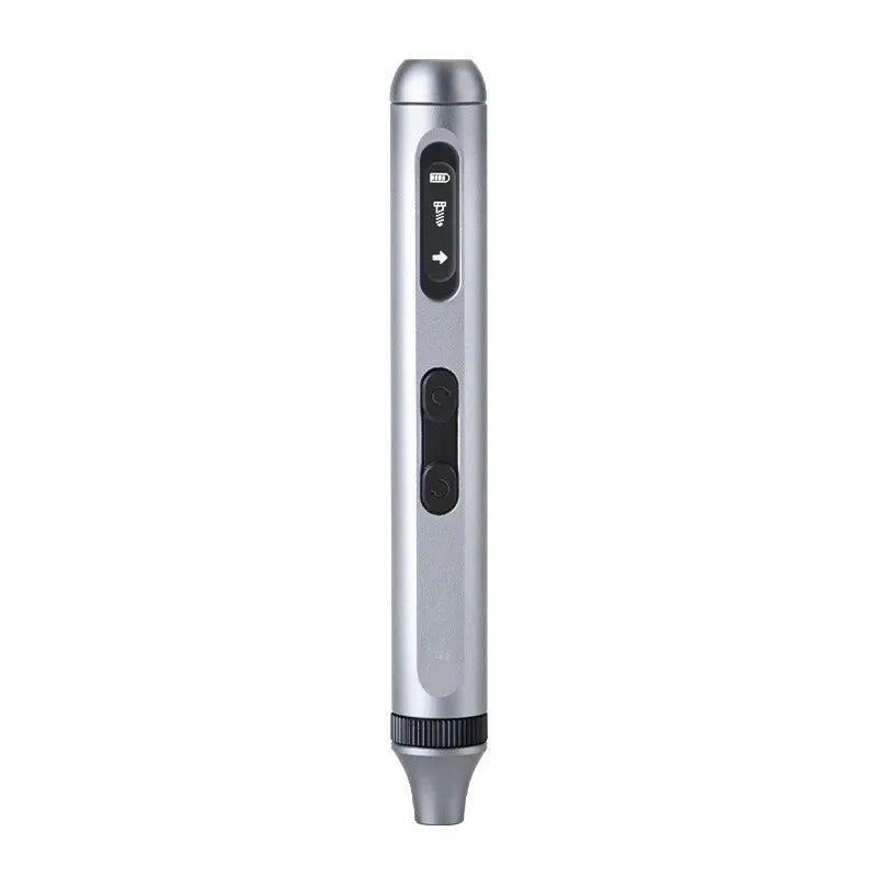 Precision electric screwdriver with aluminium alloy handle, showing compact 134.5mm size.