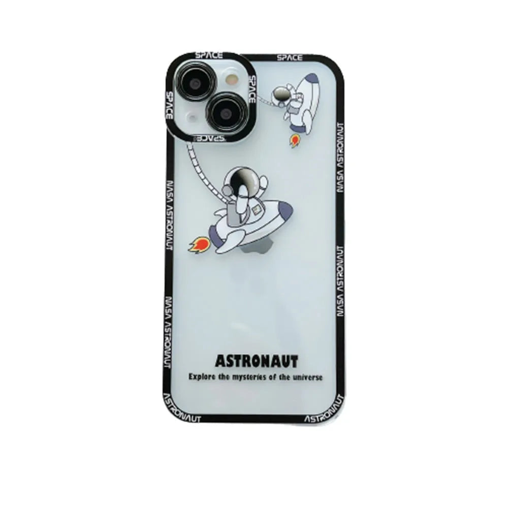 Transparent silicone phone case with blue astronaut print showing through clear background on iPhone