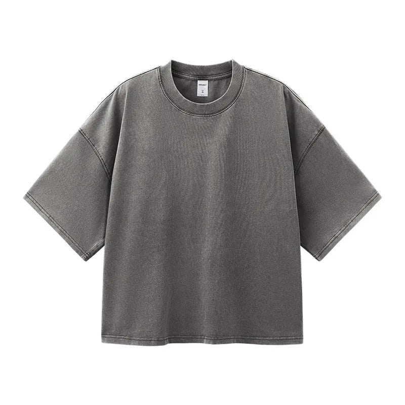 Men's vintage wash cotton T-shirt in khaki colour with loose fit and drop-shoulder sleeves