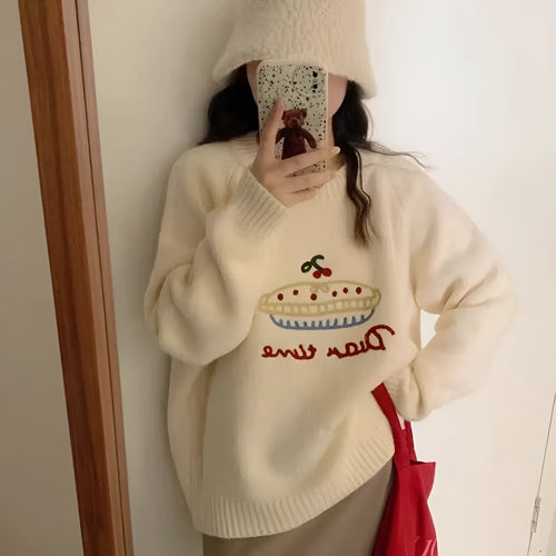 Women's loose fit round neck embroidered cartoon sweater in beige with long sleeves and acrylic spandex fabric