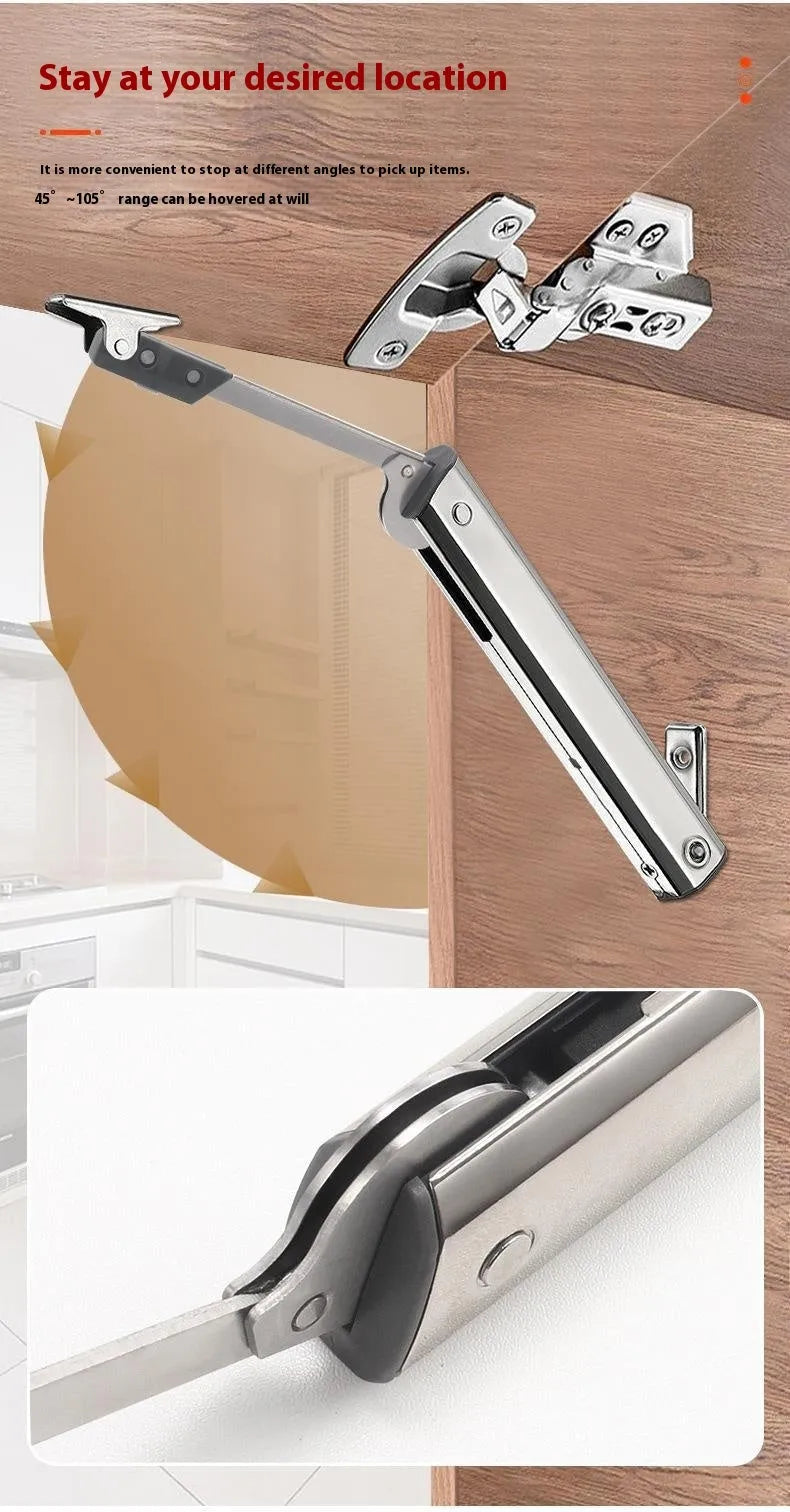 Cold rolled steel cabinet door support rod with spring mechanism for flap-up doors.