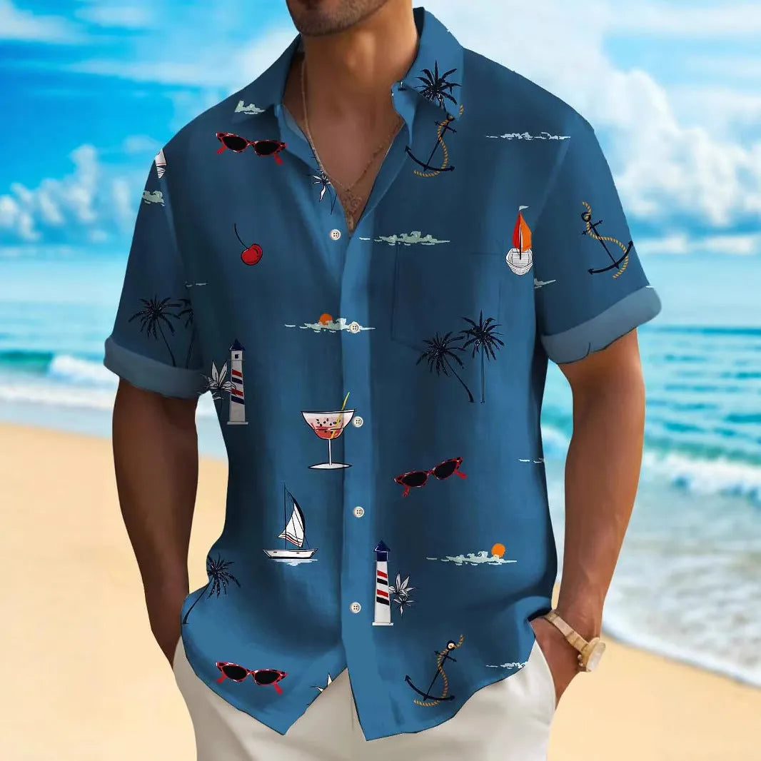 Man wearing a loose-fit, short-sleeve Hawaiian print shirt with colourful digital patterns.