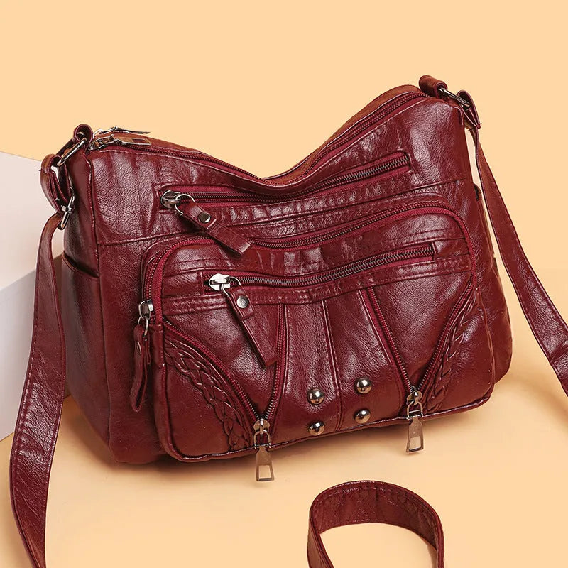 Large capacity women's PU shoulder bag in horizontal square shape with sandwich pocket, available in beige, black, blue, brown and red