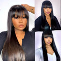Natural colour straight fringe human hair wig with full-mechanism headgear on a wig stand
