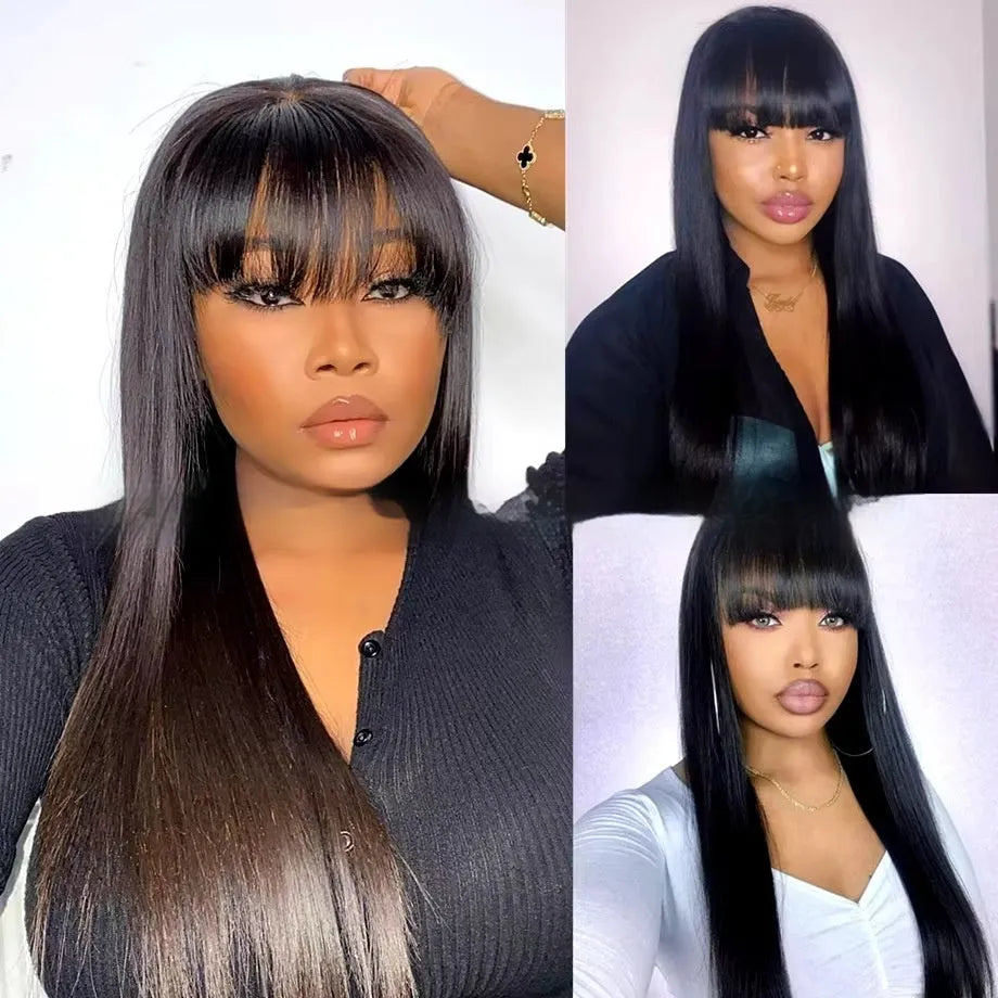 Natural colour straight fringe human hair wig with full-mechanism headgear on a wig stand