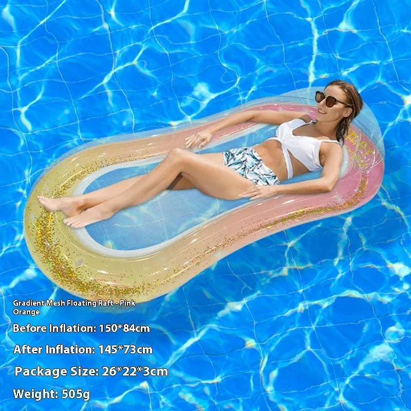 PVC inflatable floating row pool lounger in a mesh deck chair design with bright gradient colour wave.