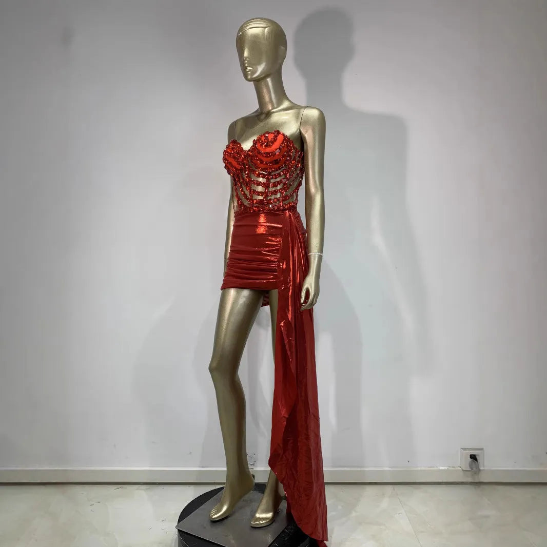 Red spandex skirt suit with hollow mesh see-through detailing for stage costumes