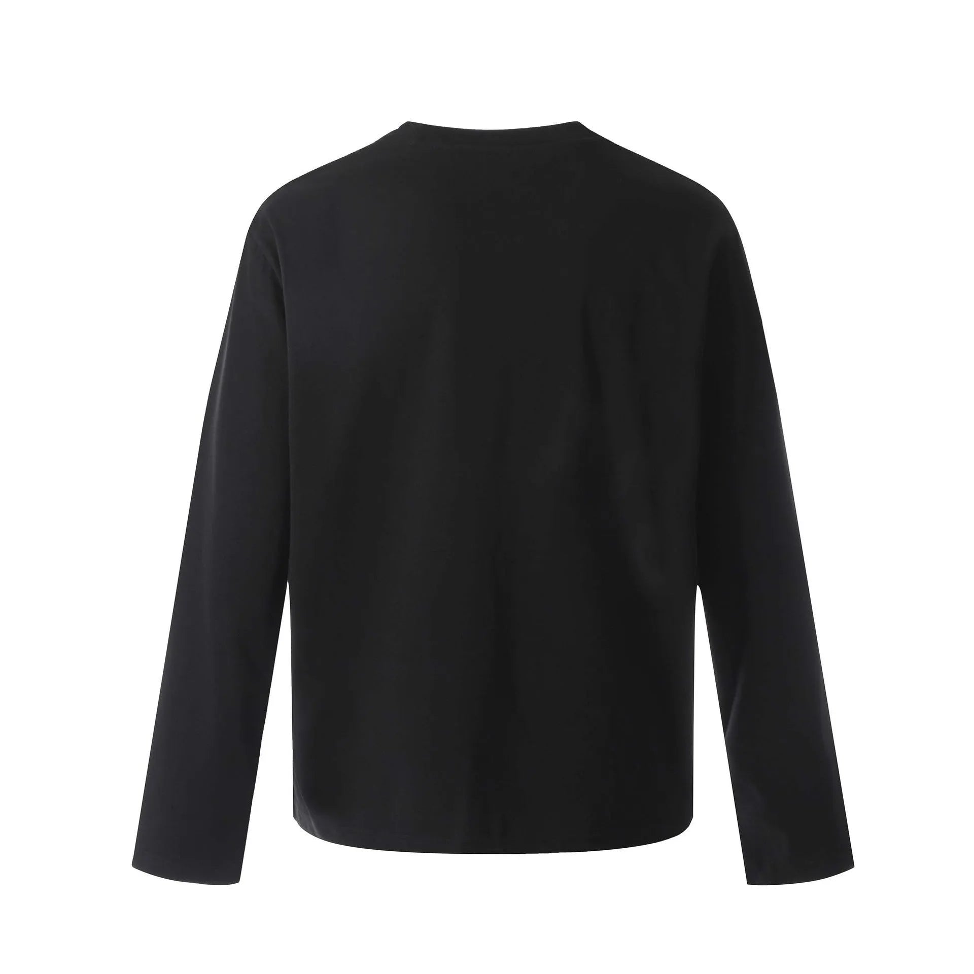 A man or woman wearing a loose grey cotton long sleeve retro pullover.