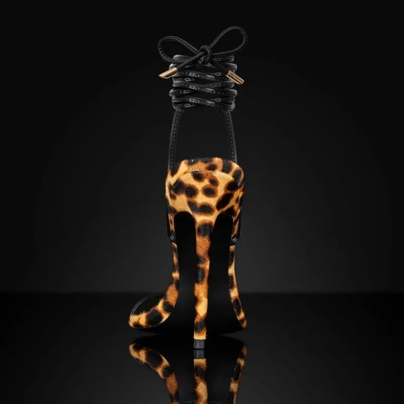 Women's leopard print Roman sandals with pointed toe and lace-up buckle design