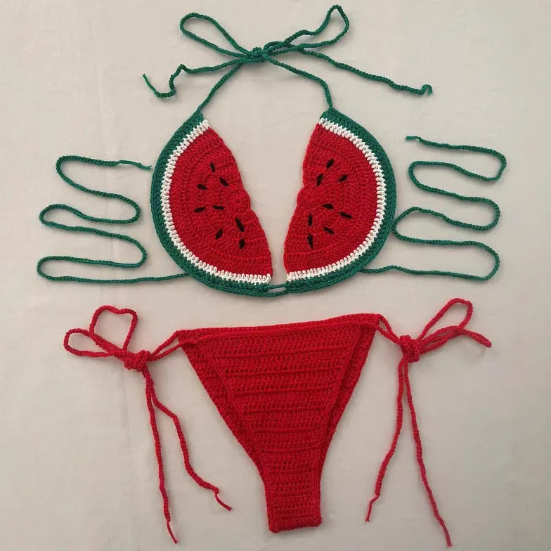Handmade crocheted two-piece bikini in mixed colour with lace-up shoulder straps, free size adjustable fit