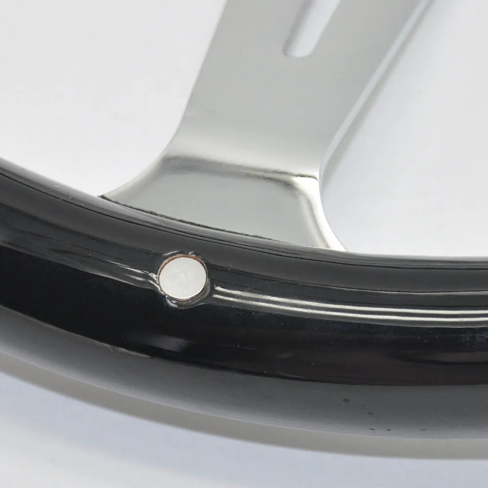 Black 15-inch peach wood car steering wheel with a bright electroplated centre and 6-hole bolt pattern.
