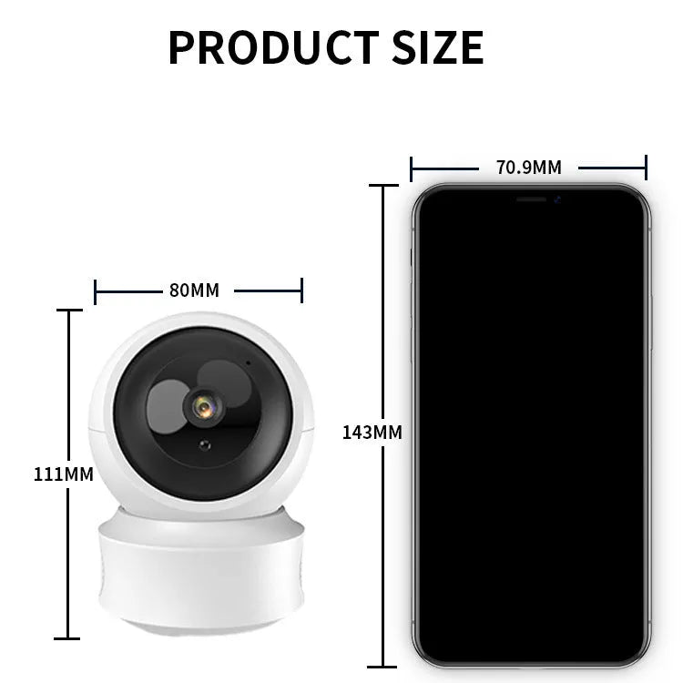 Wireless WiFi indoor surveillance camera with 360-degree panorama, night vision, and voice intercom, 135 x 104 x 98mm