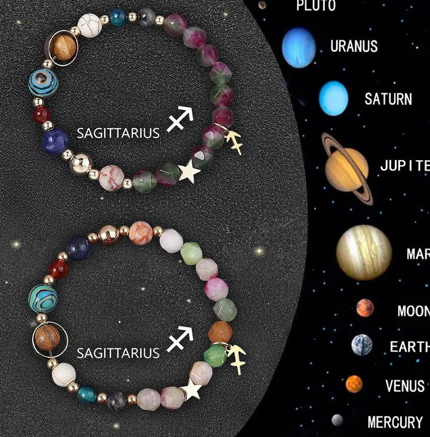 Two natural stone beaded bracelets with zodiac sign charms, showing the set of twelve astrological styles.