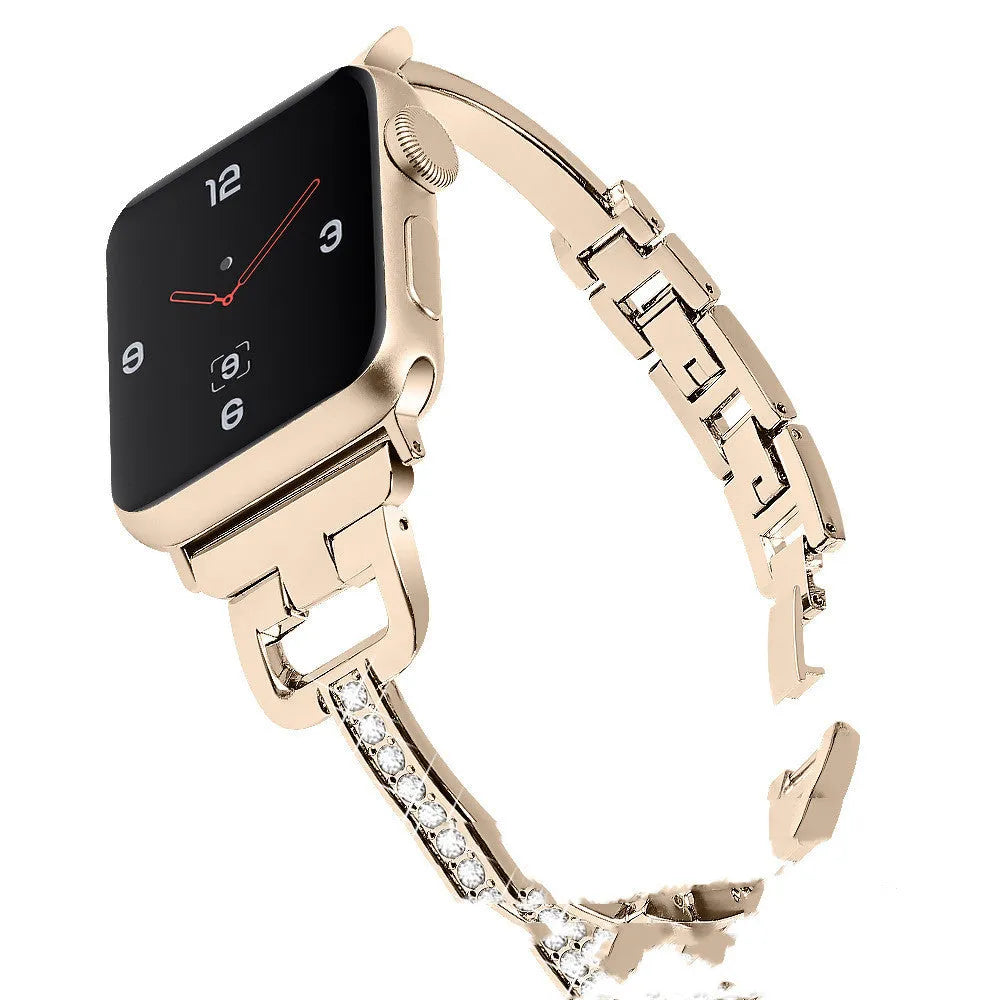 Apple Watch compatible smartwatch with D-shaped metal diamond strap in multiple colour options