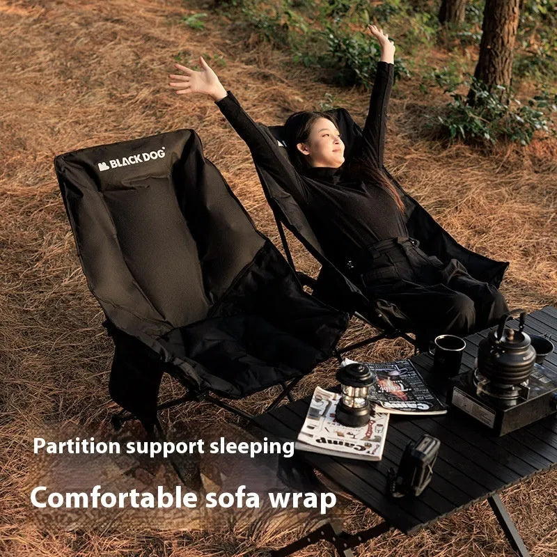 Night Black folding moon chair made from Oxford cloth with an aluminium frame.