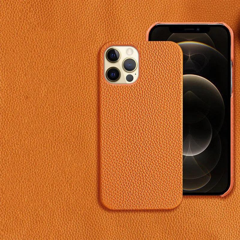 Genuine leather brown iPhone protective case showing half-coverage design on an iPhone.