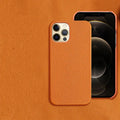 Genuine leather brown iPhone protective case showing half-coverage design on an iPhone.