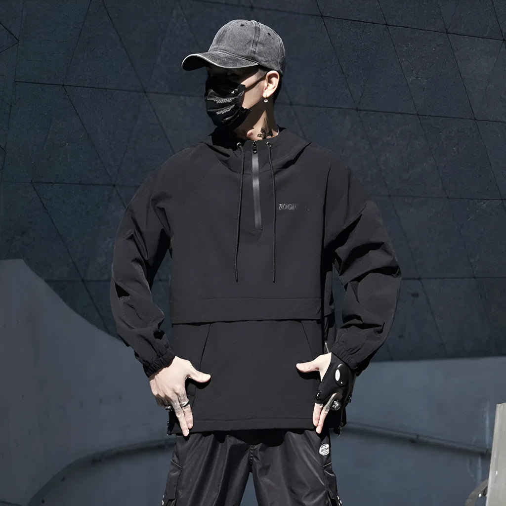 Men's black hooded zip-up thin coat, loose fit, sizes M to 2XL, external wear outer layer