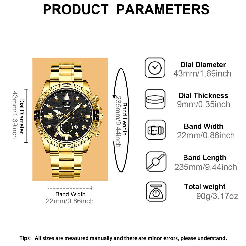 Gold-coloured men's business watch with a stainless steel band and a single folding buckle on a wrist