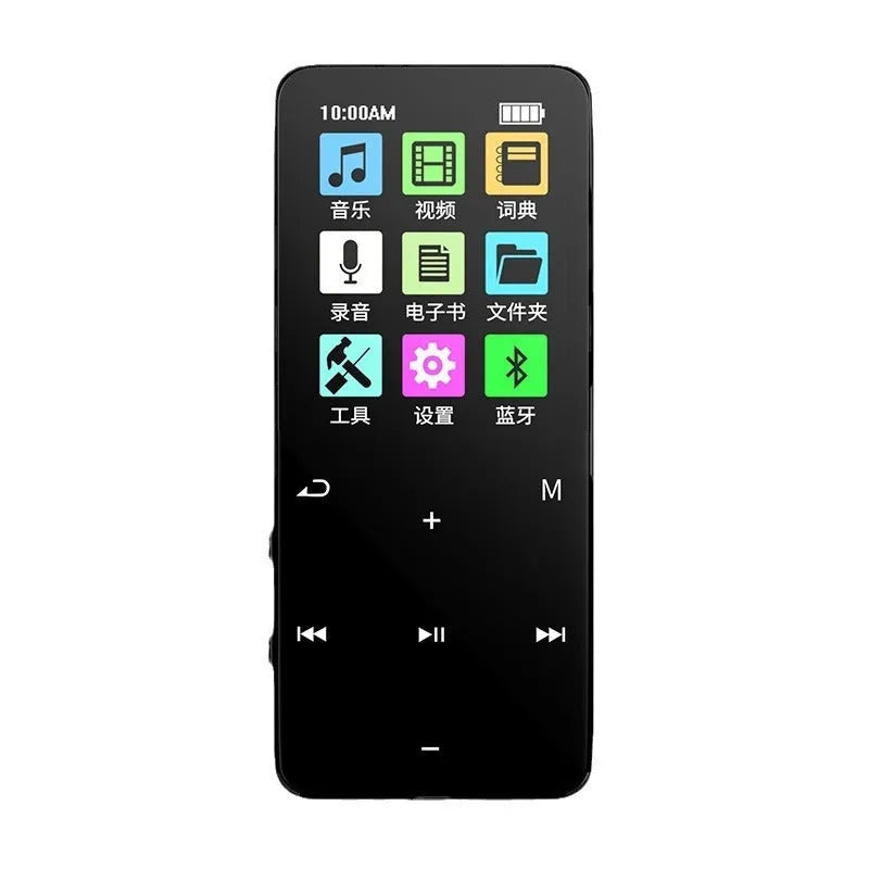 Black metal shell Bluetooth MP3 player with 1.8 inch screen, touch buttons, talking dictionary, and USB 2.0