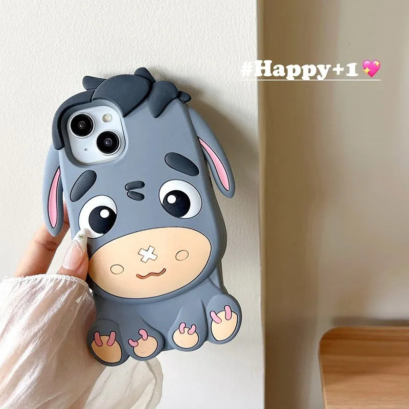 Gray silicone phone case with stereo cartoon little donkey design and epoxy finish for Apple iPhone